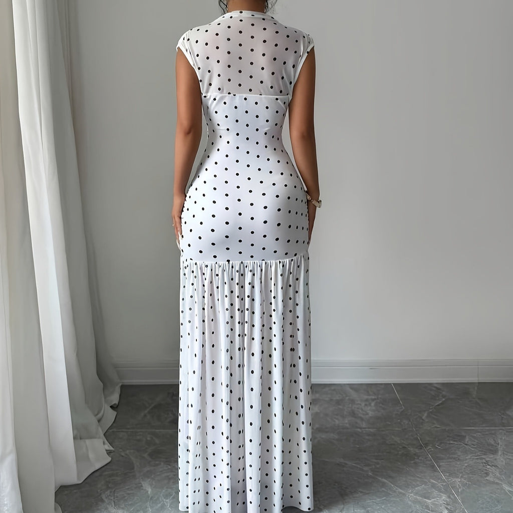 Polka Dot Pleated Sleeveless Maxi Dress