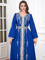 Embroidered Beaded V-Neck Robe Maxi Dress