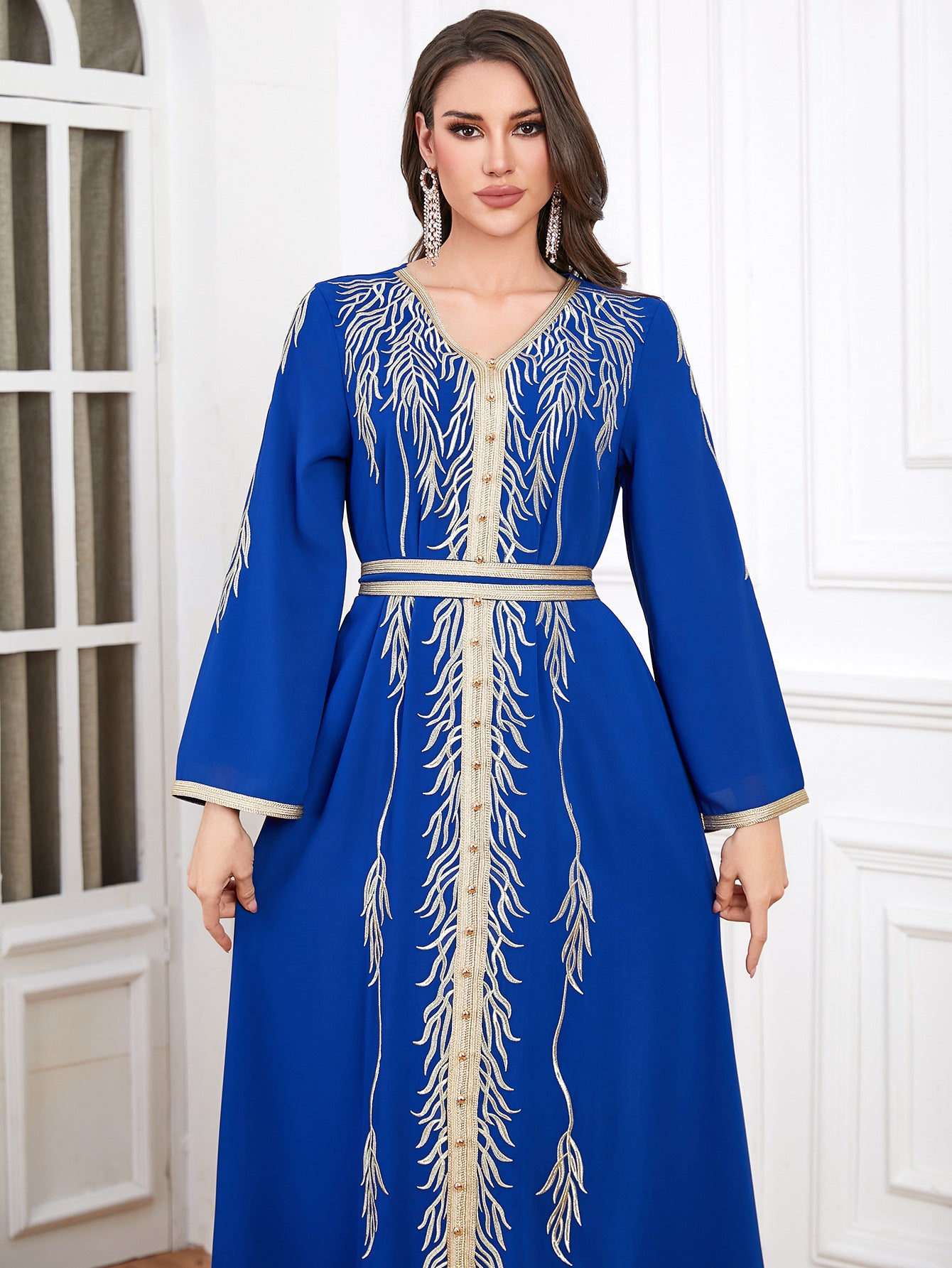 Embroidered Beaded V-Neck Robe Maxi Dress