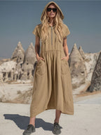 Vintage Cotton-Linen Hooded Half-Zip Midi Dress for Women