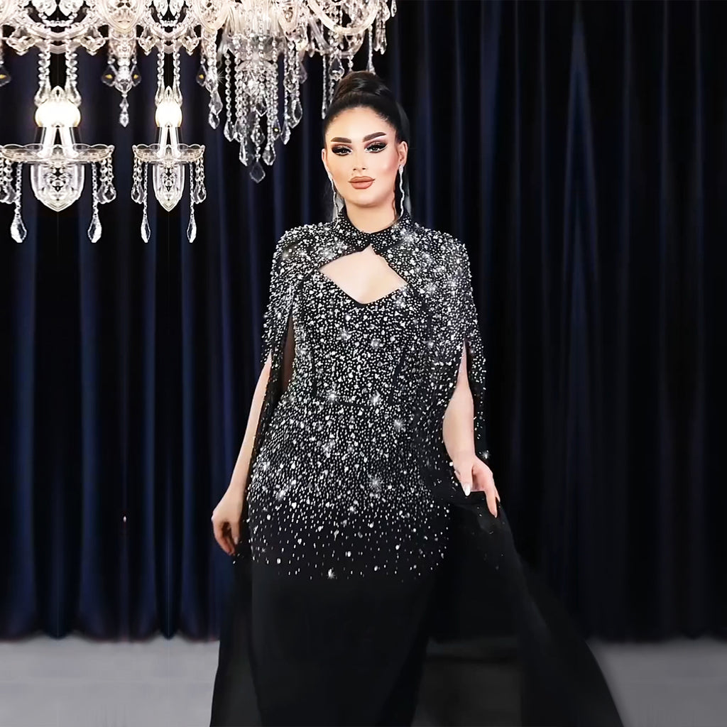 Rhinestone Cape Bodycon Maxi Dress