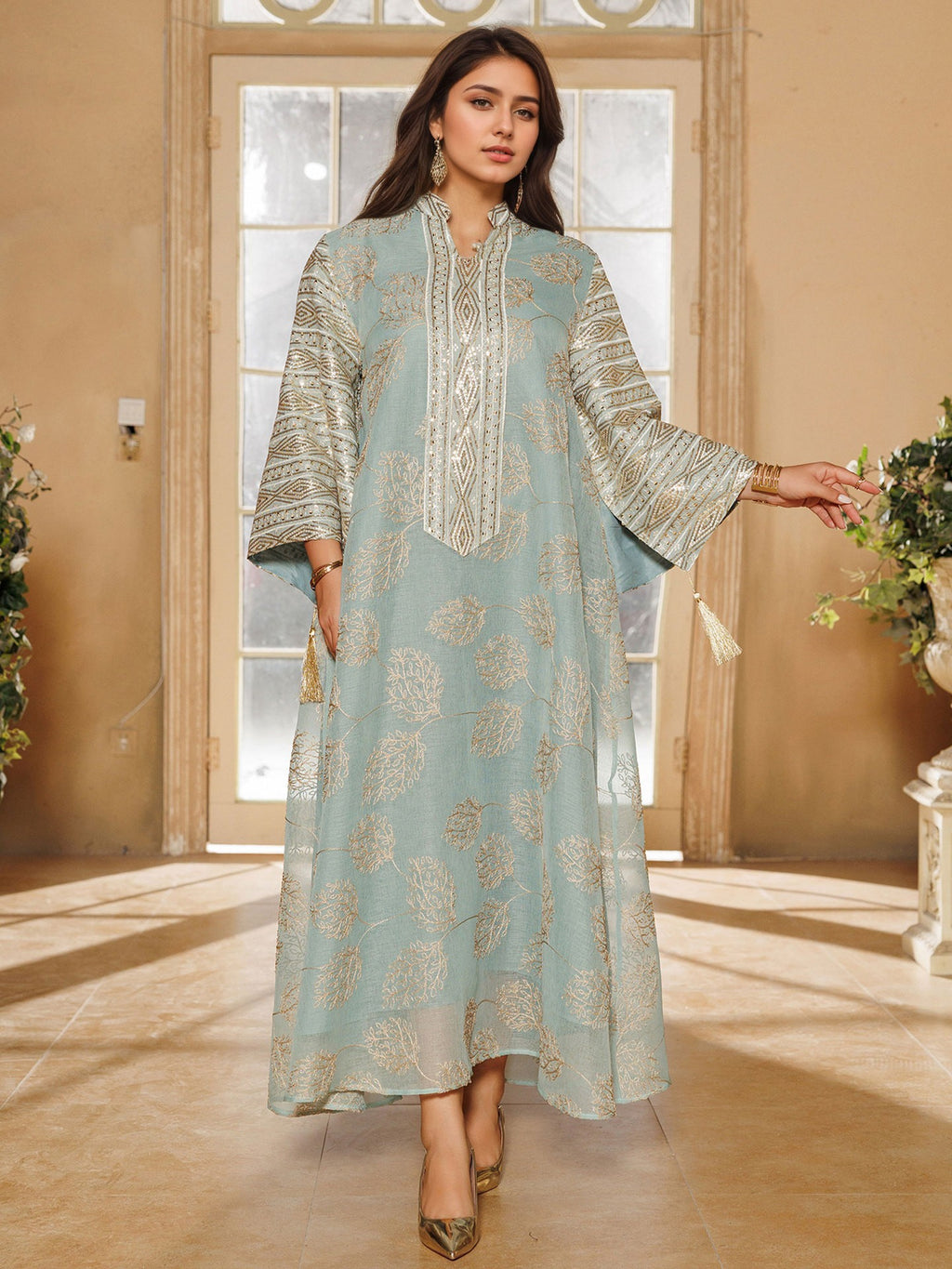 Long-Sleeve Embroidered Floral Maxi Dress