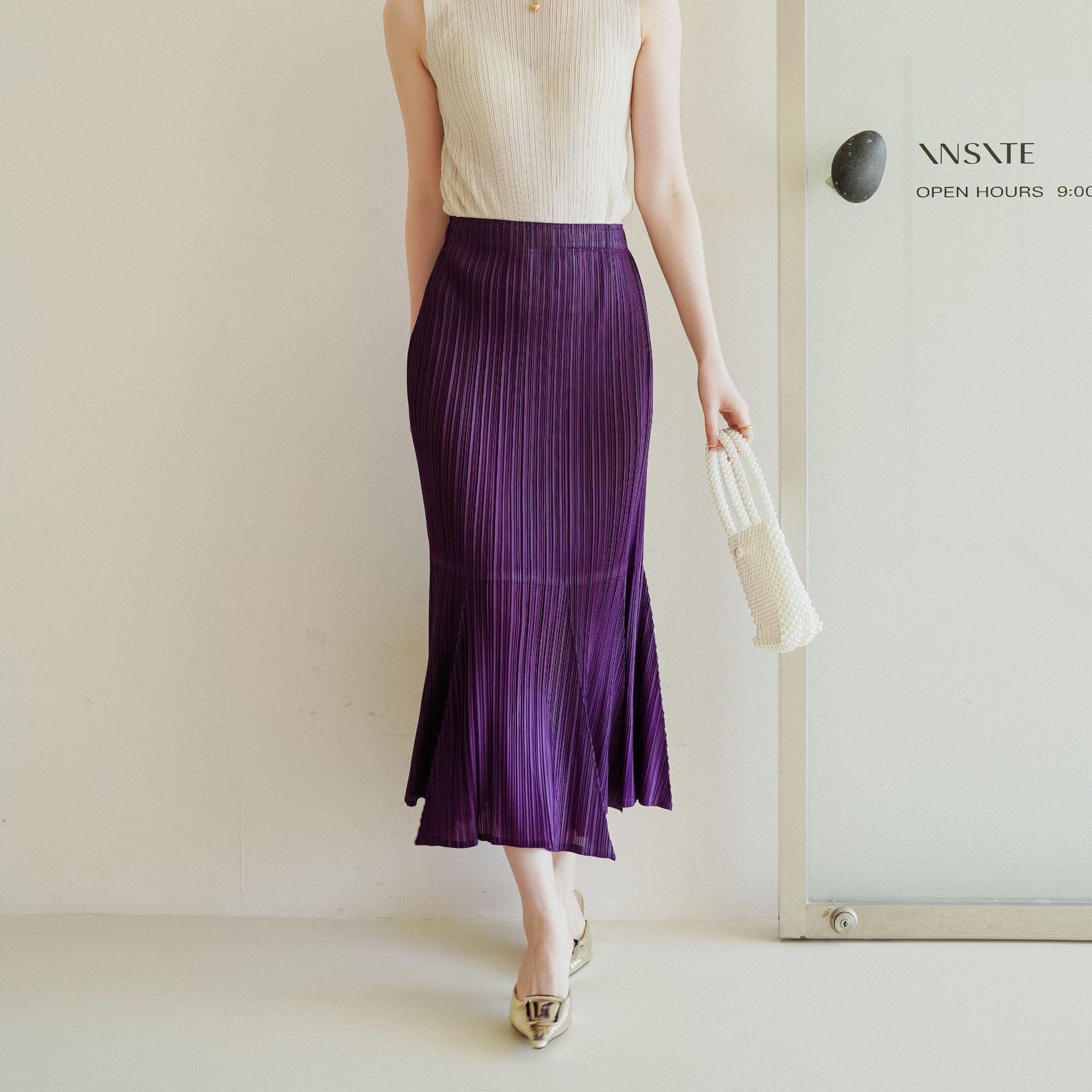 Pleated Fishtail A-Line Maxi Skirt for Women, One Size Main image