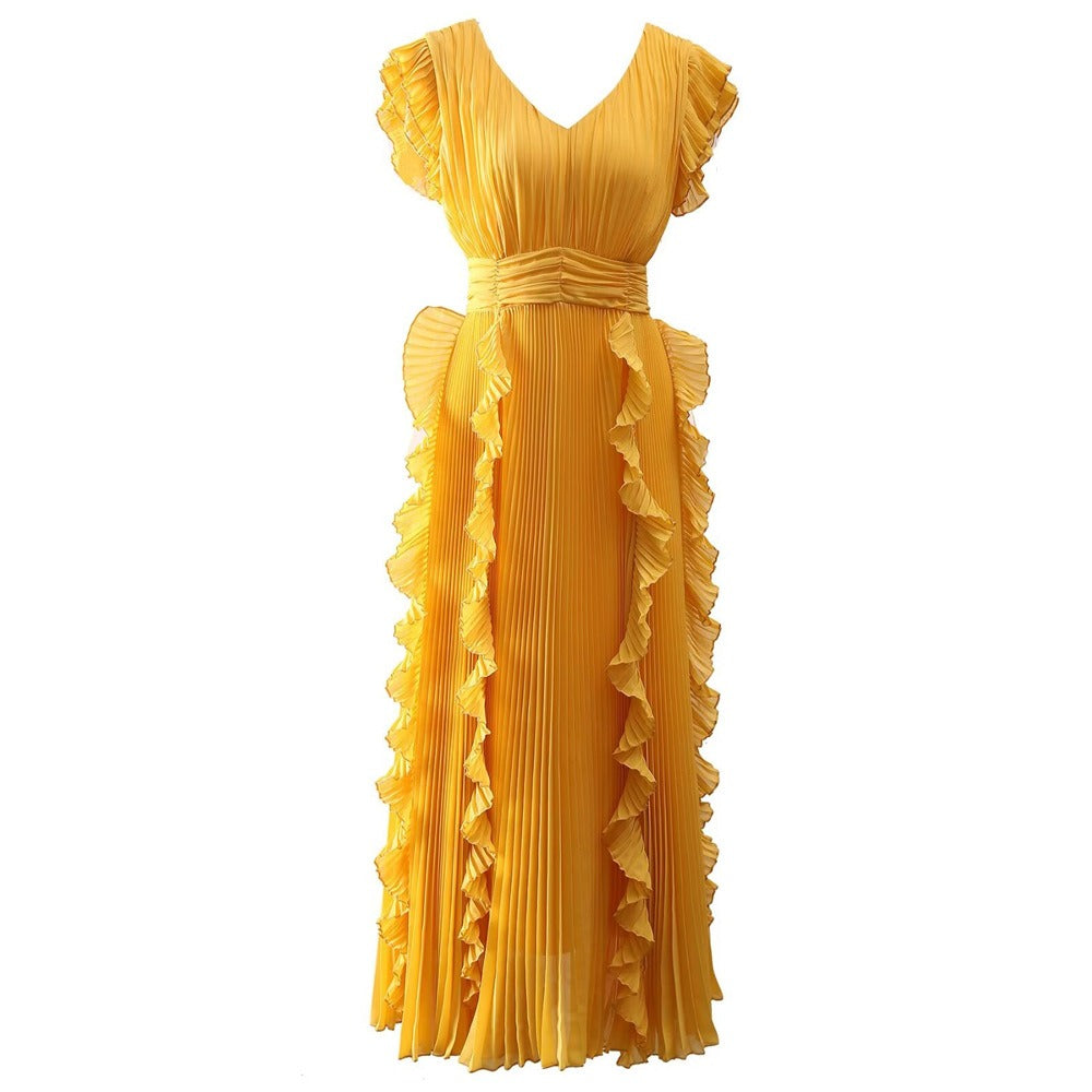 V-Neck Ruffle-Trim Sleeveless Maxi Dress in Yellow