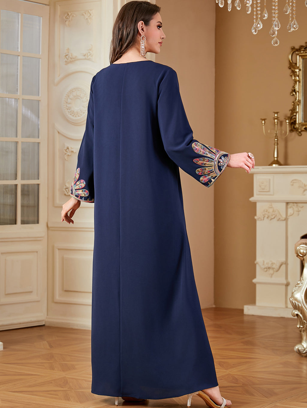 Navy Embroidered A-Line Maxi Dress