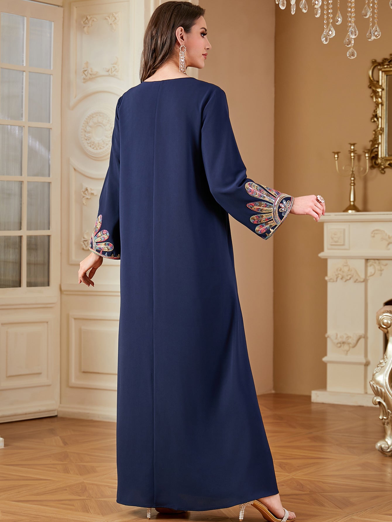 Navy Embroidered A-Line Maxi Dress