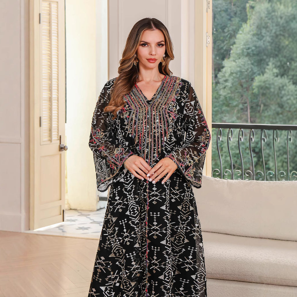 Embroidered V-Neck Abaya Maxi Dress