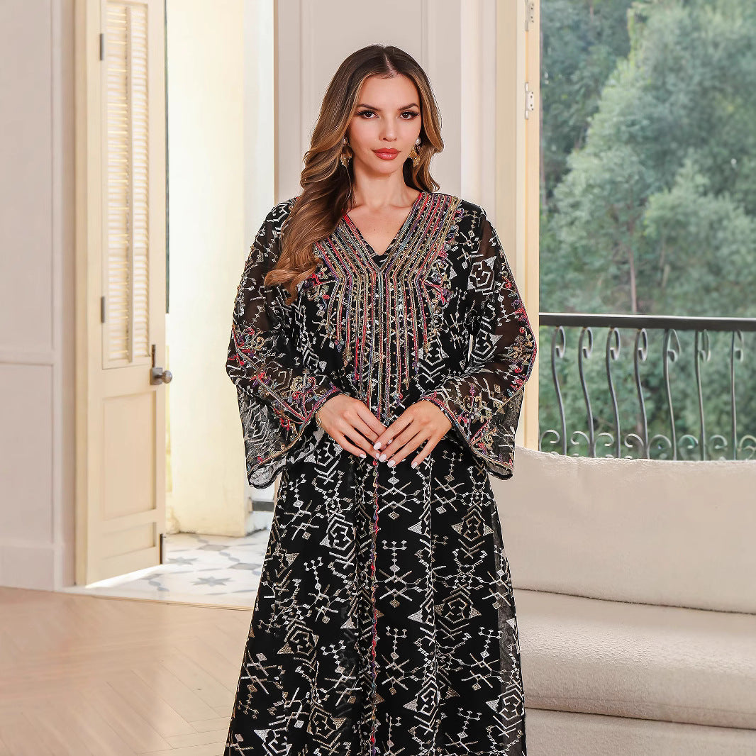 Embroidered V-Neck Abaya Maxi Dress