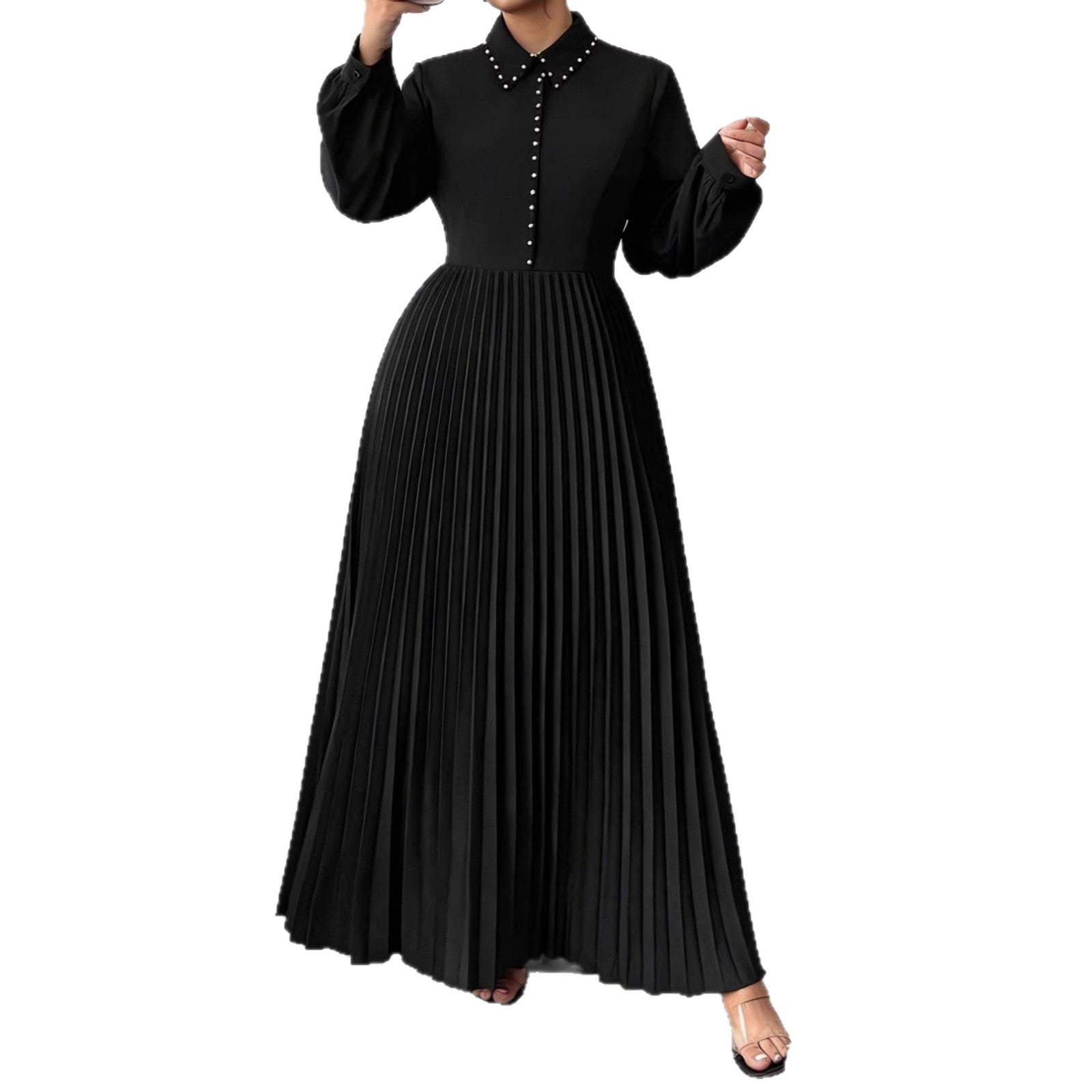 Black Pleated Long-Sleeve Maxi Dress, Plus Size