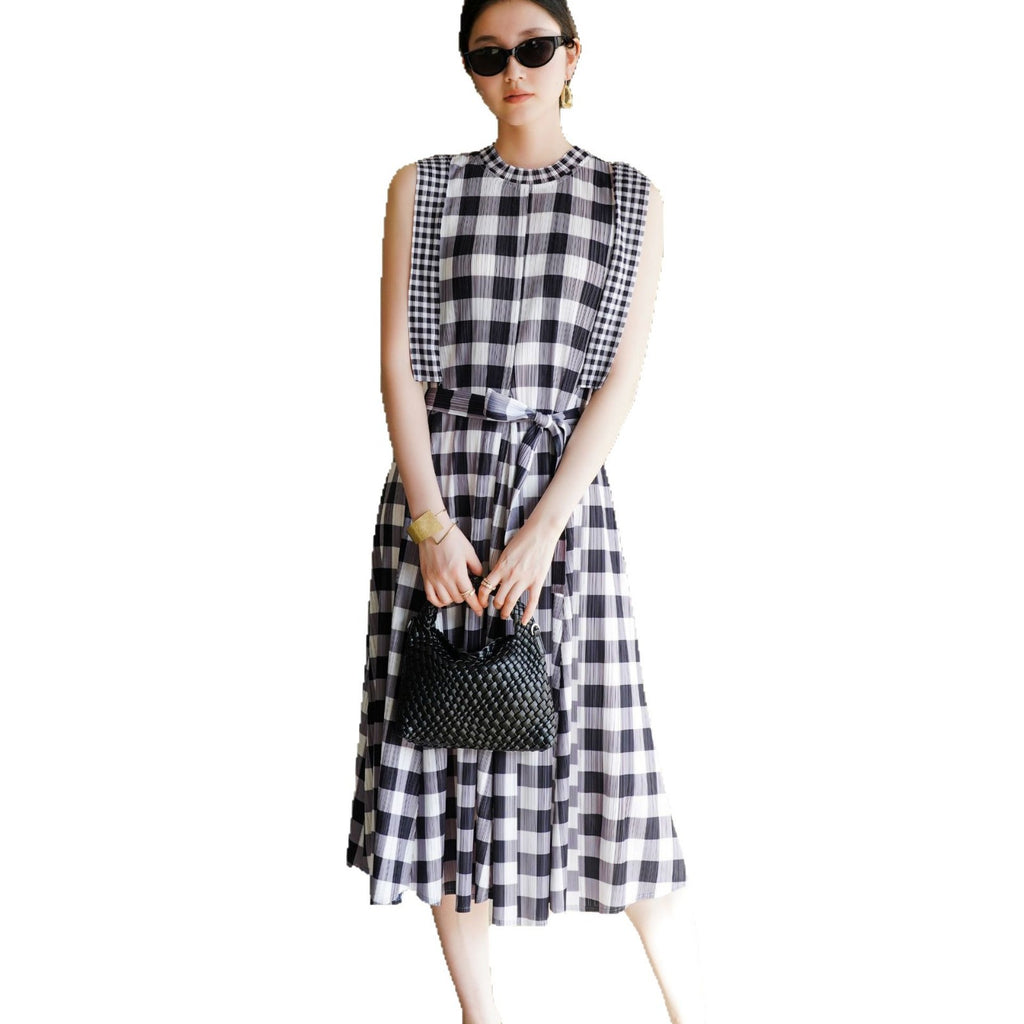 Checkered Belted A-Line Maxi Dress for Women, Sleeveless