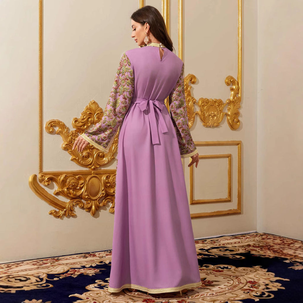 Purple Printed Colour-Block Belted Maxi Dress