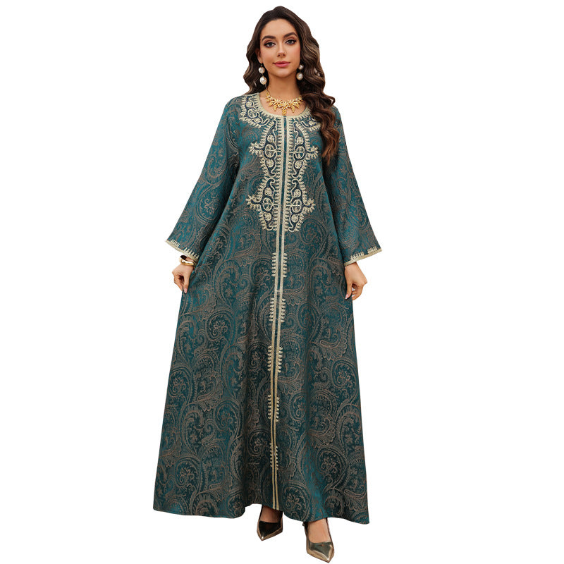 Embroidered Lace-Up Kaftan Maxi Dress