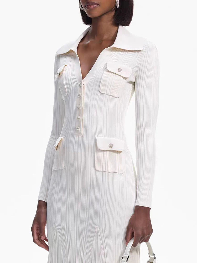 Ivory Ribbed-Knit Fishtail Maxi Dress for Women, Long Sleeve