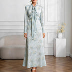 Elegant Floral Long-Sleeve Maxi Dress with Tie Waist for Women