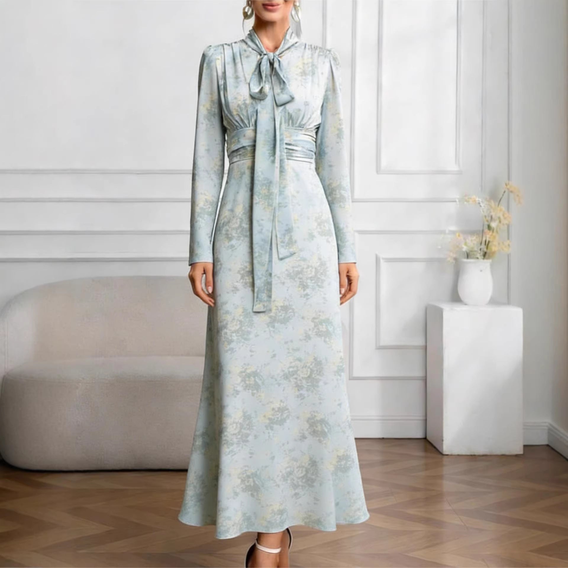 Elegant Floral Long-Sleeve Maxi Dress with Tie Waist for Women