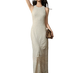 Fringe Checkered Maxi Dress for women with round neck and sleeveless