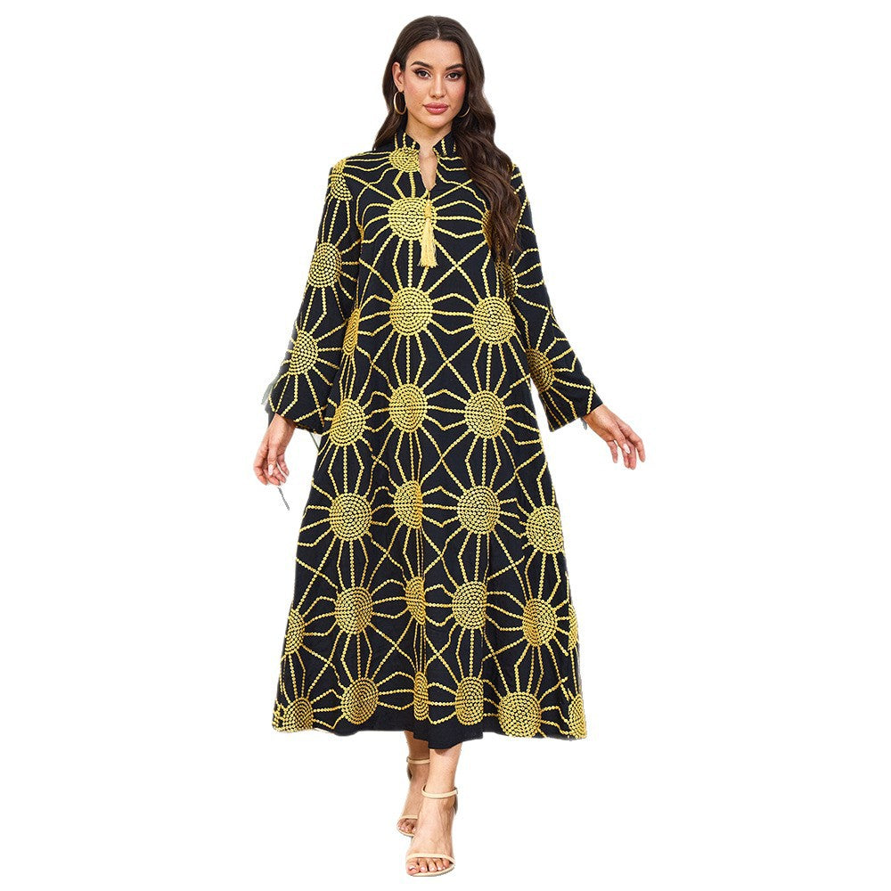 Embroidered V-Neck Tassel Maxi Dress