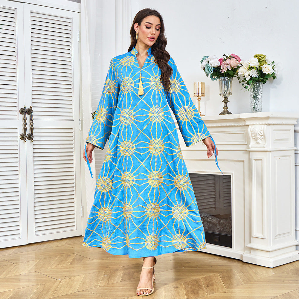 Embroidered V-Neck Tassel Maxi Dress