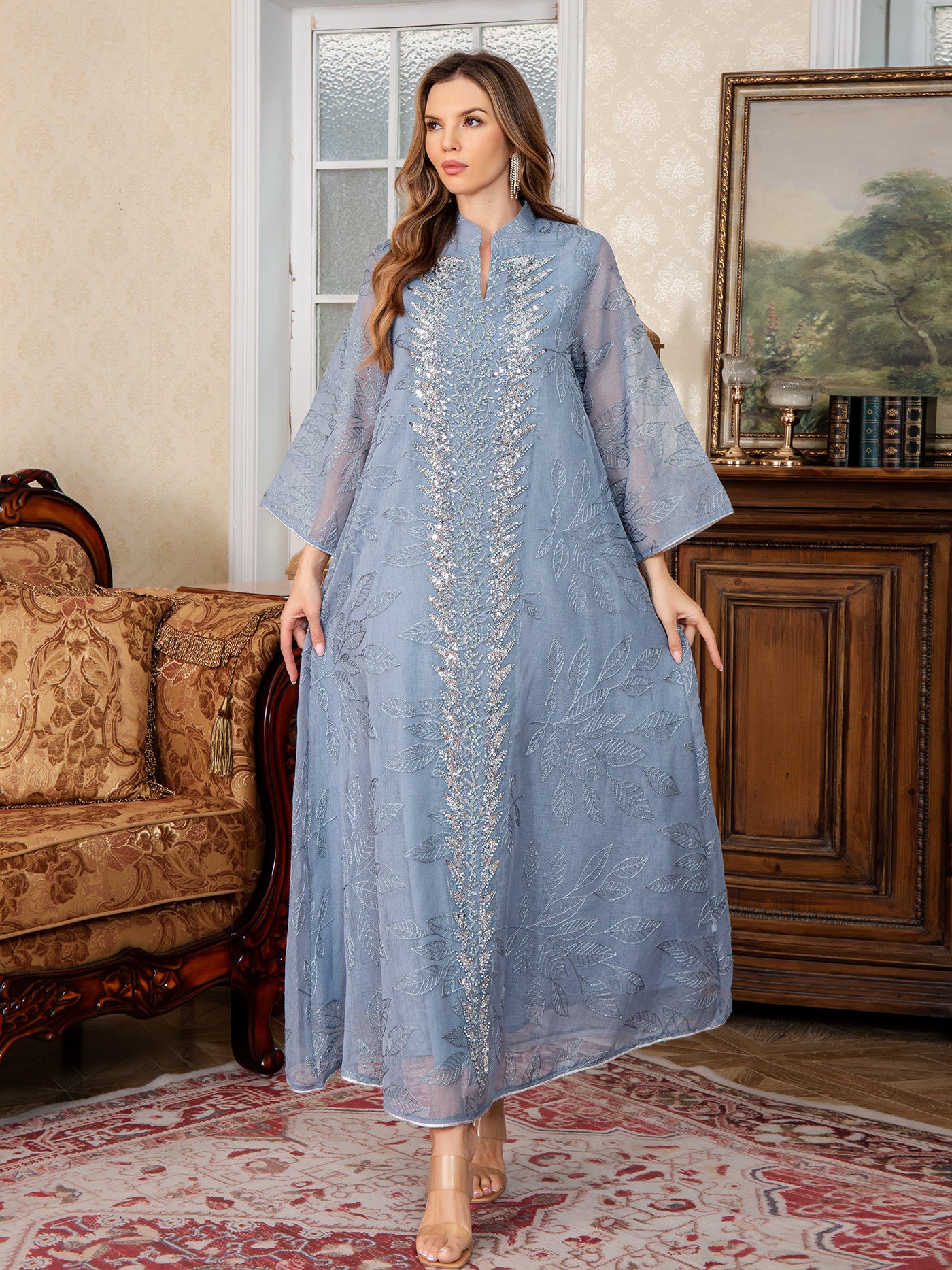 Beaded Embroidered Chiffon Maxi Dress