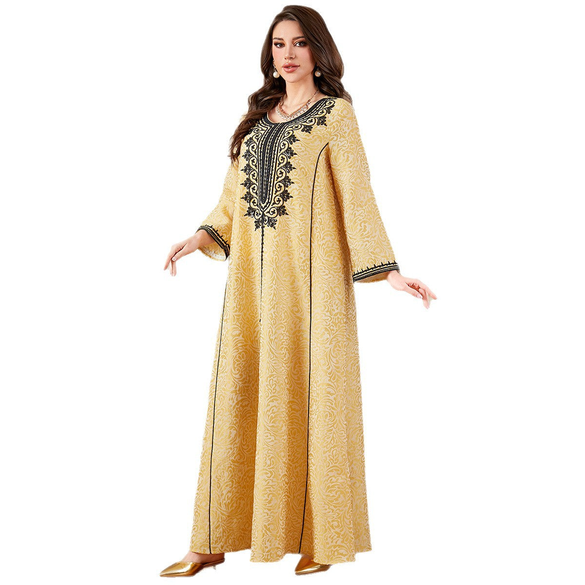 Round neck jacquard embroidered robe dress