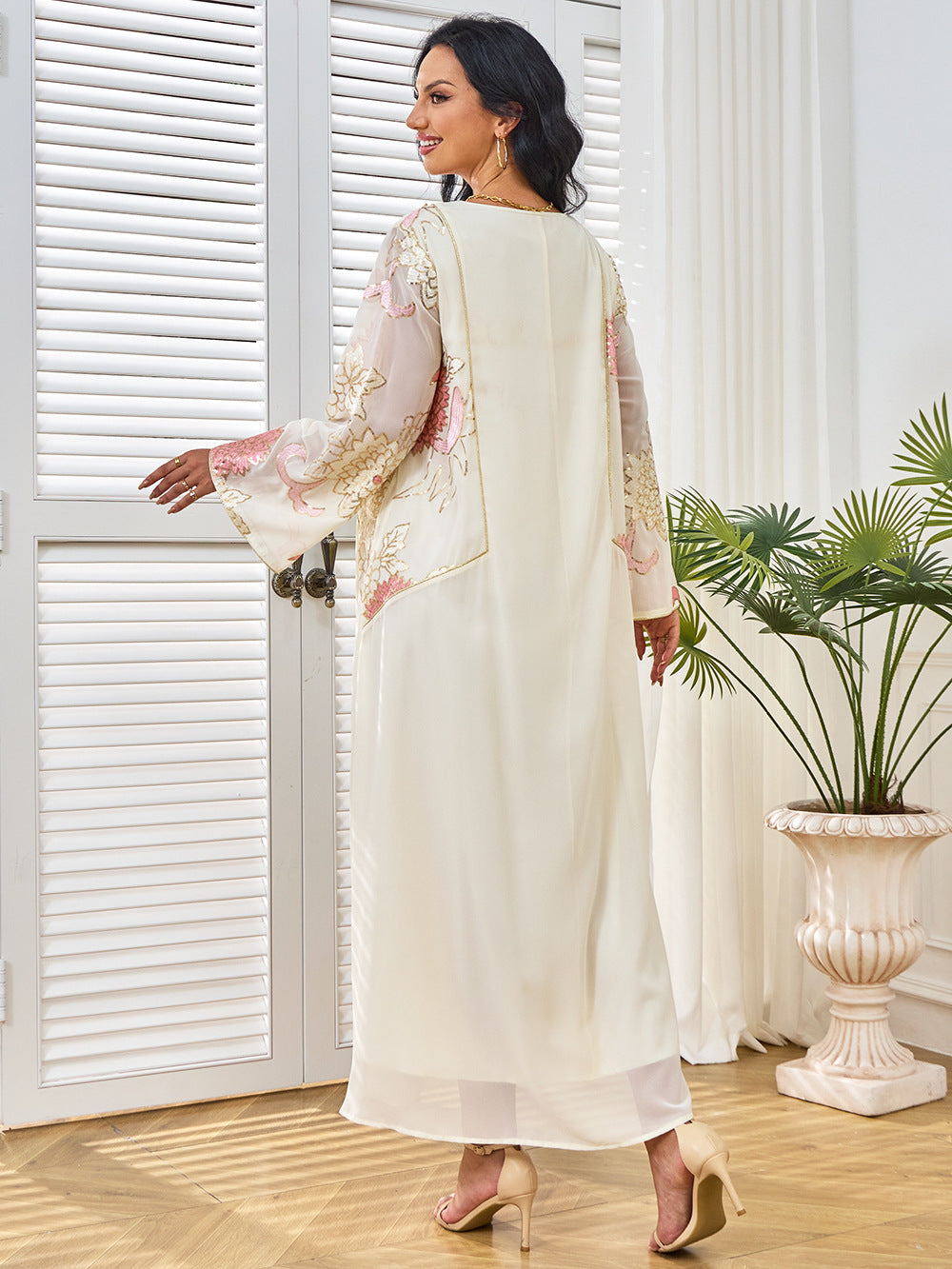 Embroidered Apricot Long-Sleeve Maxi Dress