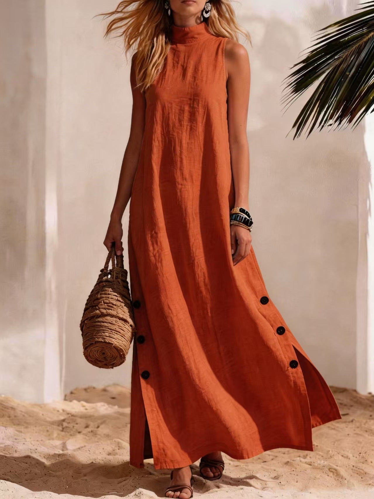 Cotton Linen Side-Slit Maxi Dress for Women, Sleeveless