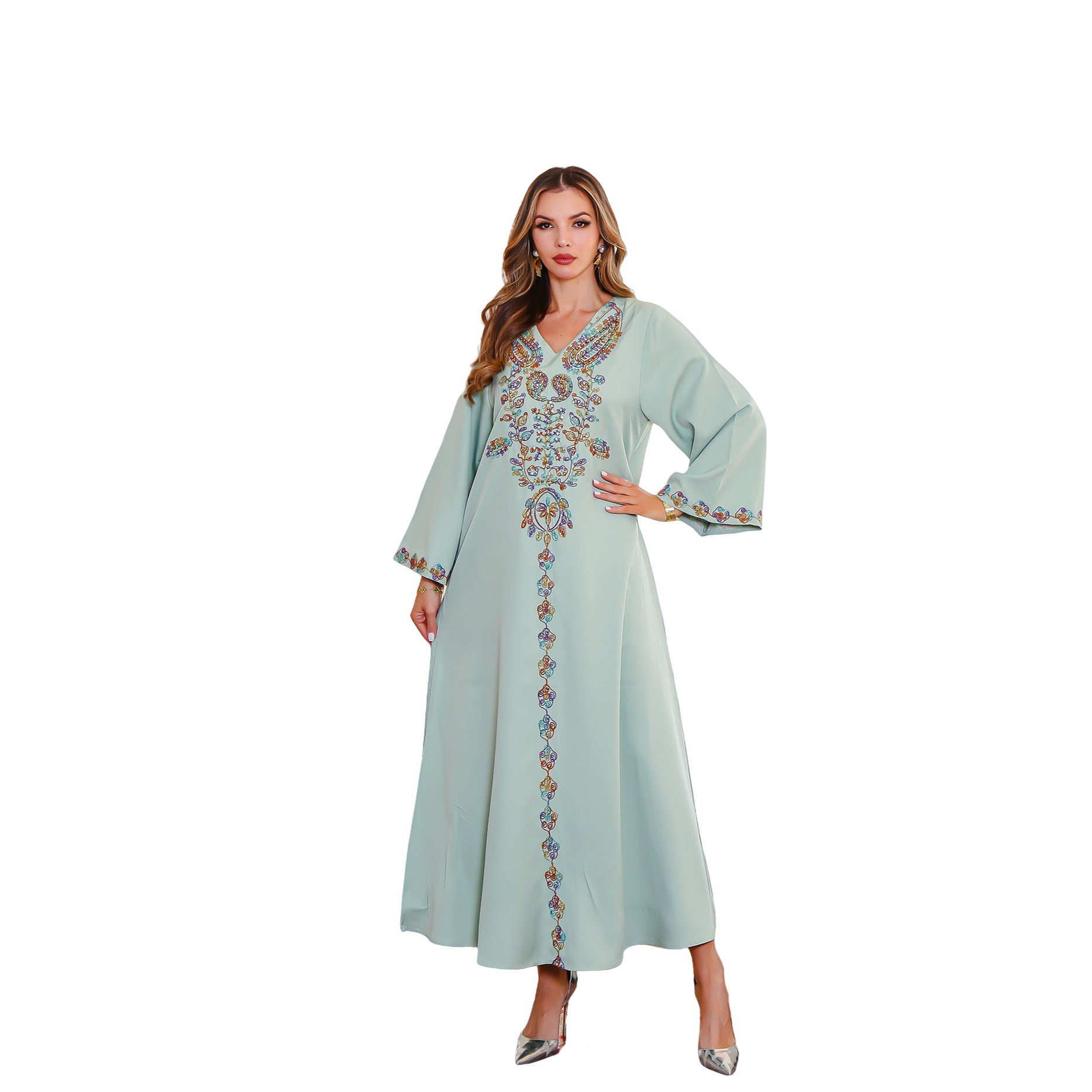 V-Neck Embroidered Robe Maxi Dress Main image
