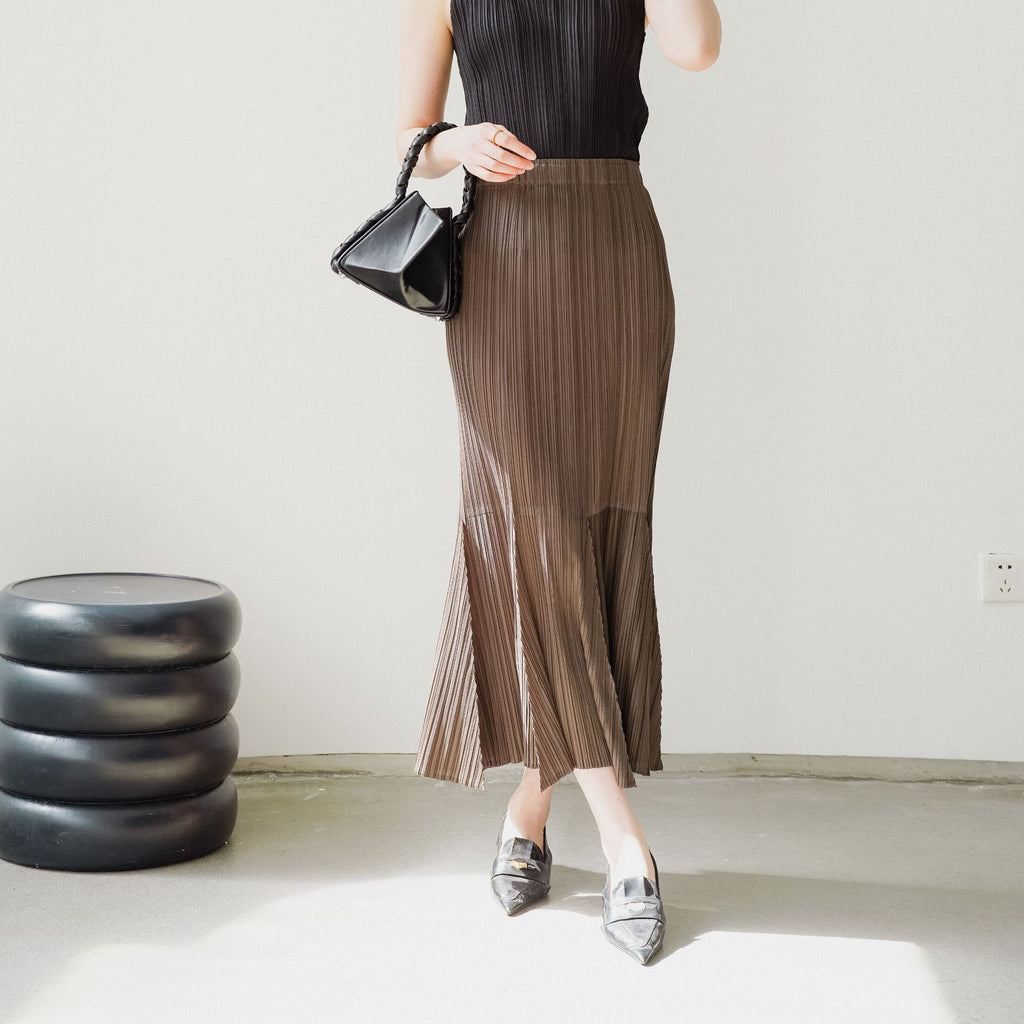Pleated Fishtail A-Line Maxi Skirt for Women, One Size