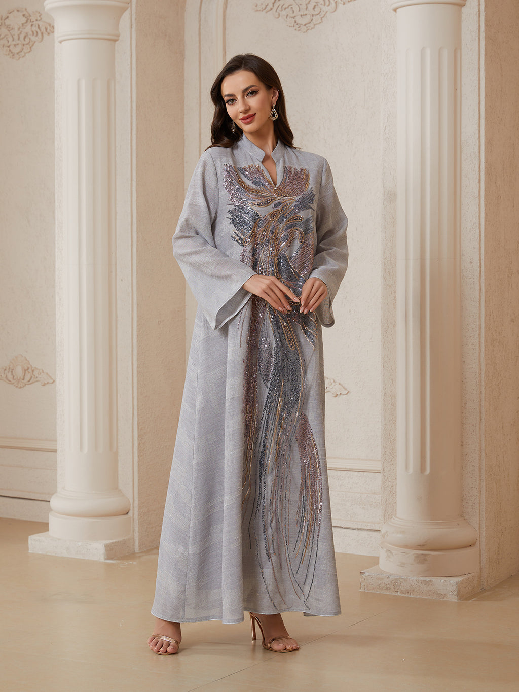 Beaded Mesh Long-Sleeve Maxi Dress