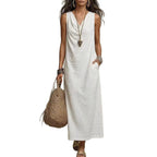 Solid Halter V-Neck A-Line Maxi Dress