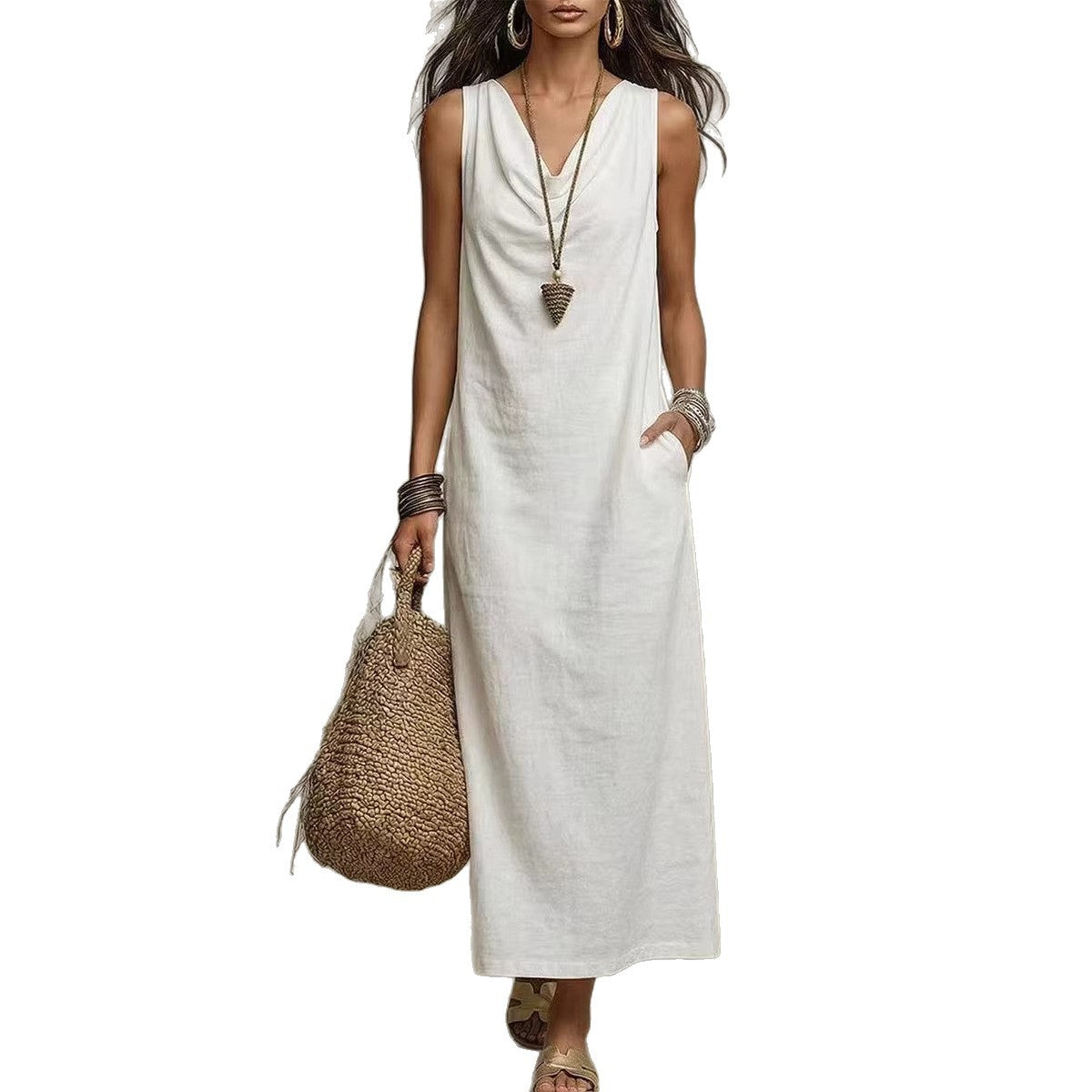 Solid Halter V-Neck A-Line Maxi Dress