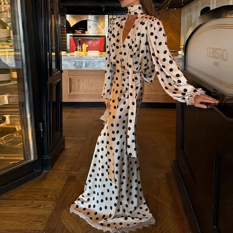 Vintage Polka Dot Puff Sleeve Fitted Midi Dress for Women