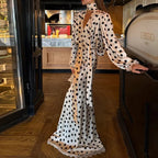 Vintage Polka Dot Puff Sleeve Fitted Midi Dress for Women
