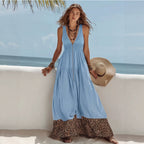 Bohemian Leopard Print V-Neck Maxi Dress for Women, Sleeveless