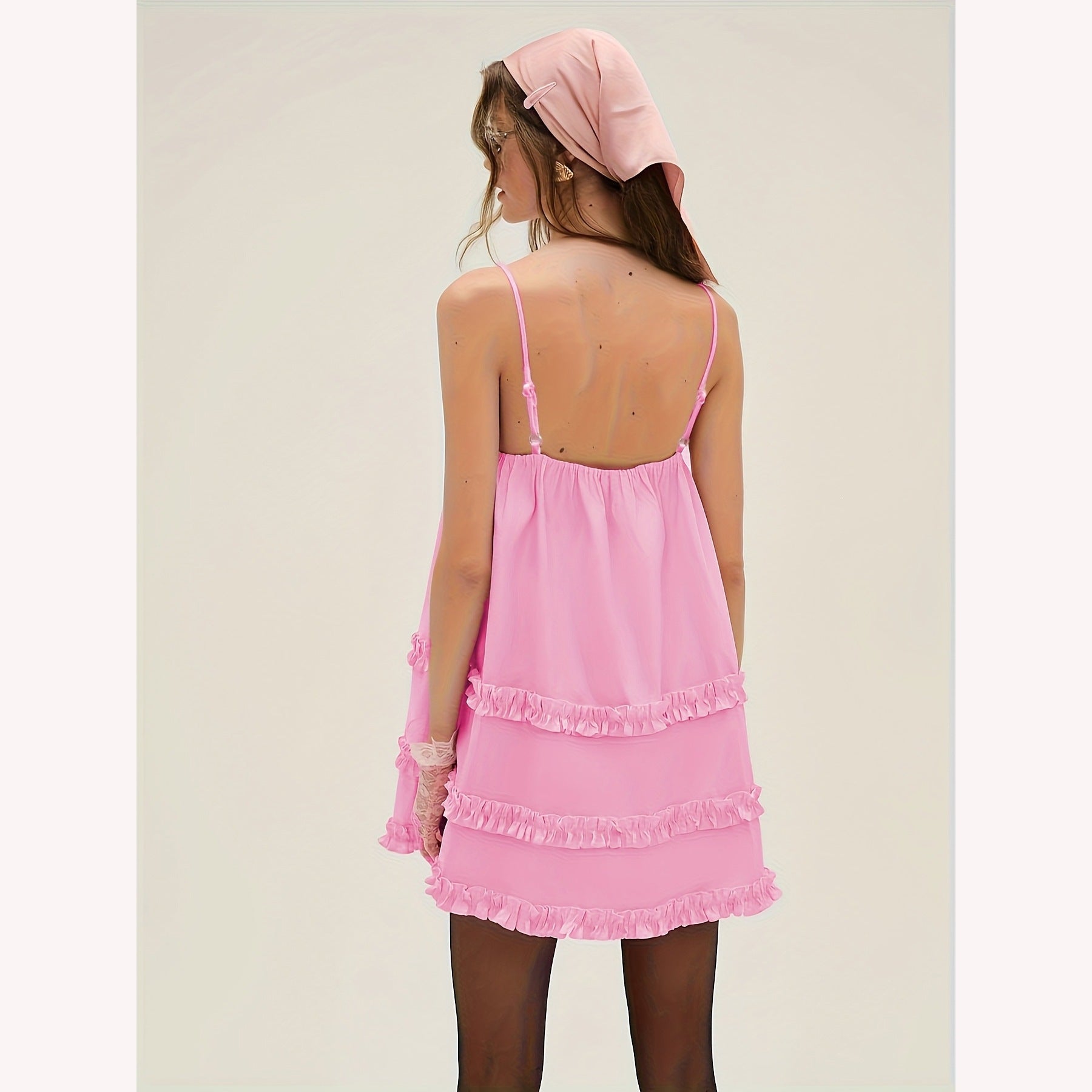 Pink Ruffle-Hem Bow Strap Dress for Women, Sleeveless