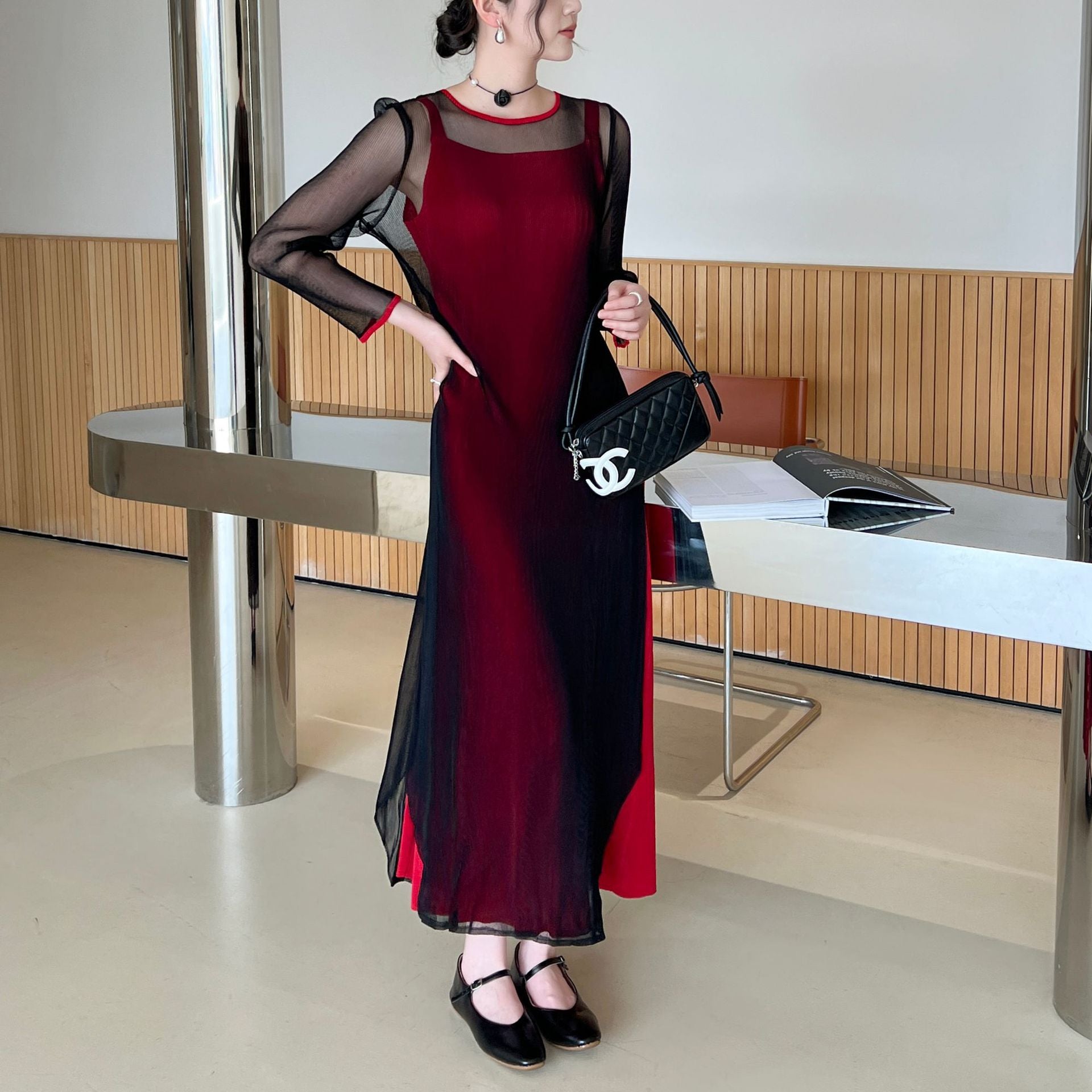 Pleated Elegant Net Sleeveless Two-Piece Dress Set