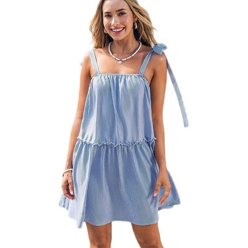 Striped Off-Shoulder A-Line Mini Dress for Women, Square Neck