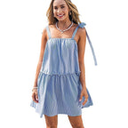 Striped Off-Shoulder A-Line Mini Dress for Women, Square Neck