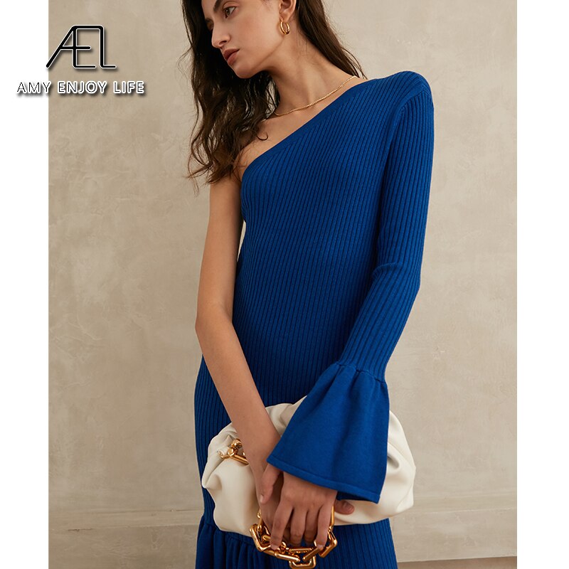 Wool Blend One-Shoulder Fishtail Maxi Dress in Blue