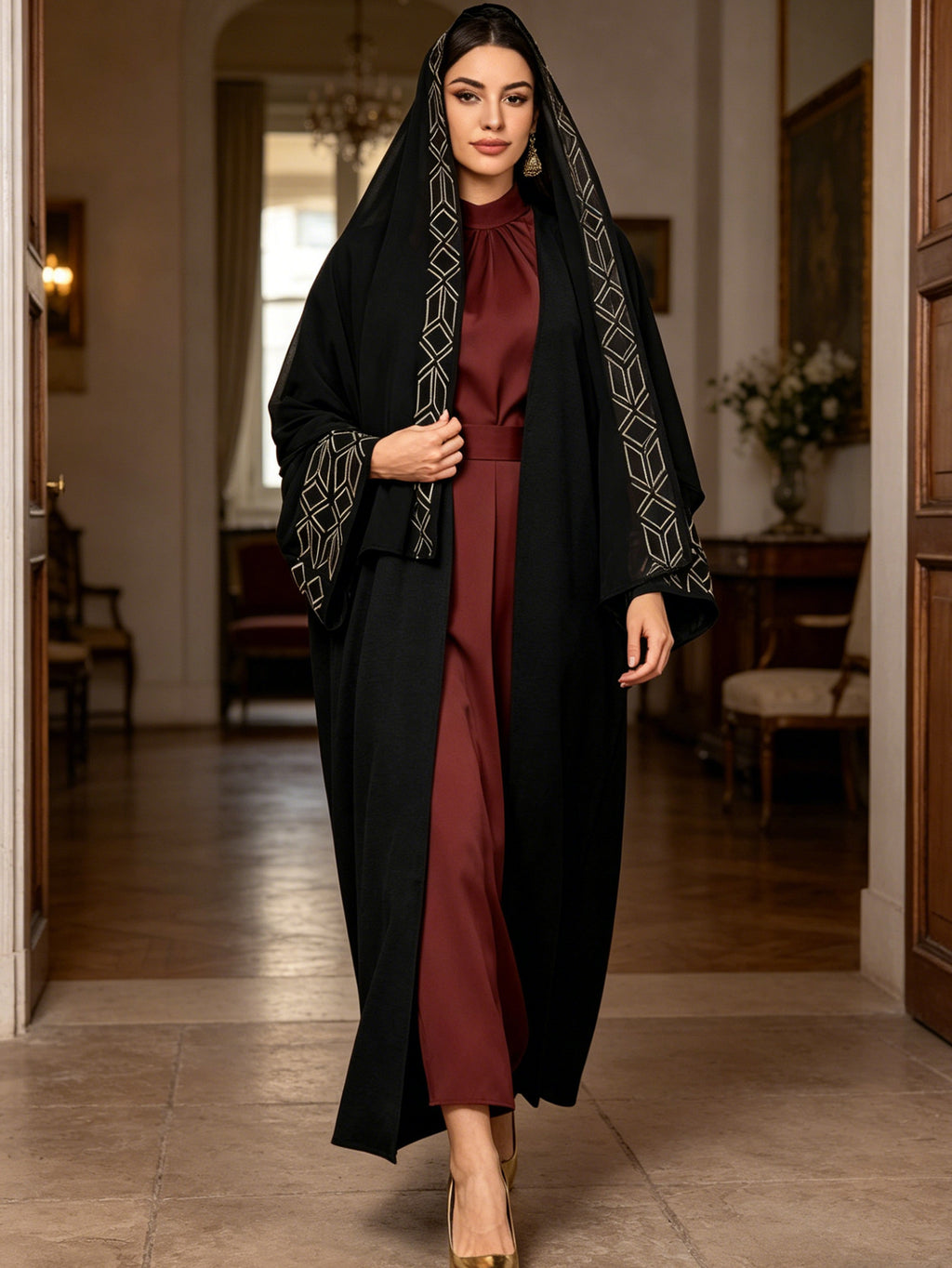 Black Embroidered Robe Dress