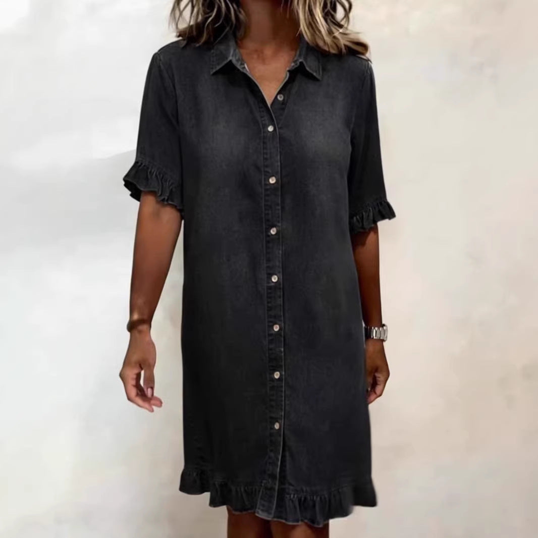 Loose Short-Sleeve Shirt Dress for Women, Shirt Collar