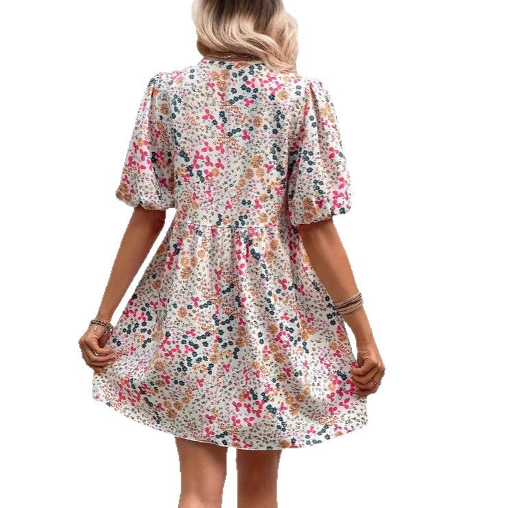 Floral V-Neck Puff-Sleeve Pleated Midi Dress for Women, Loose Fit