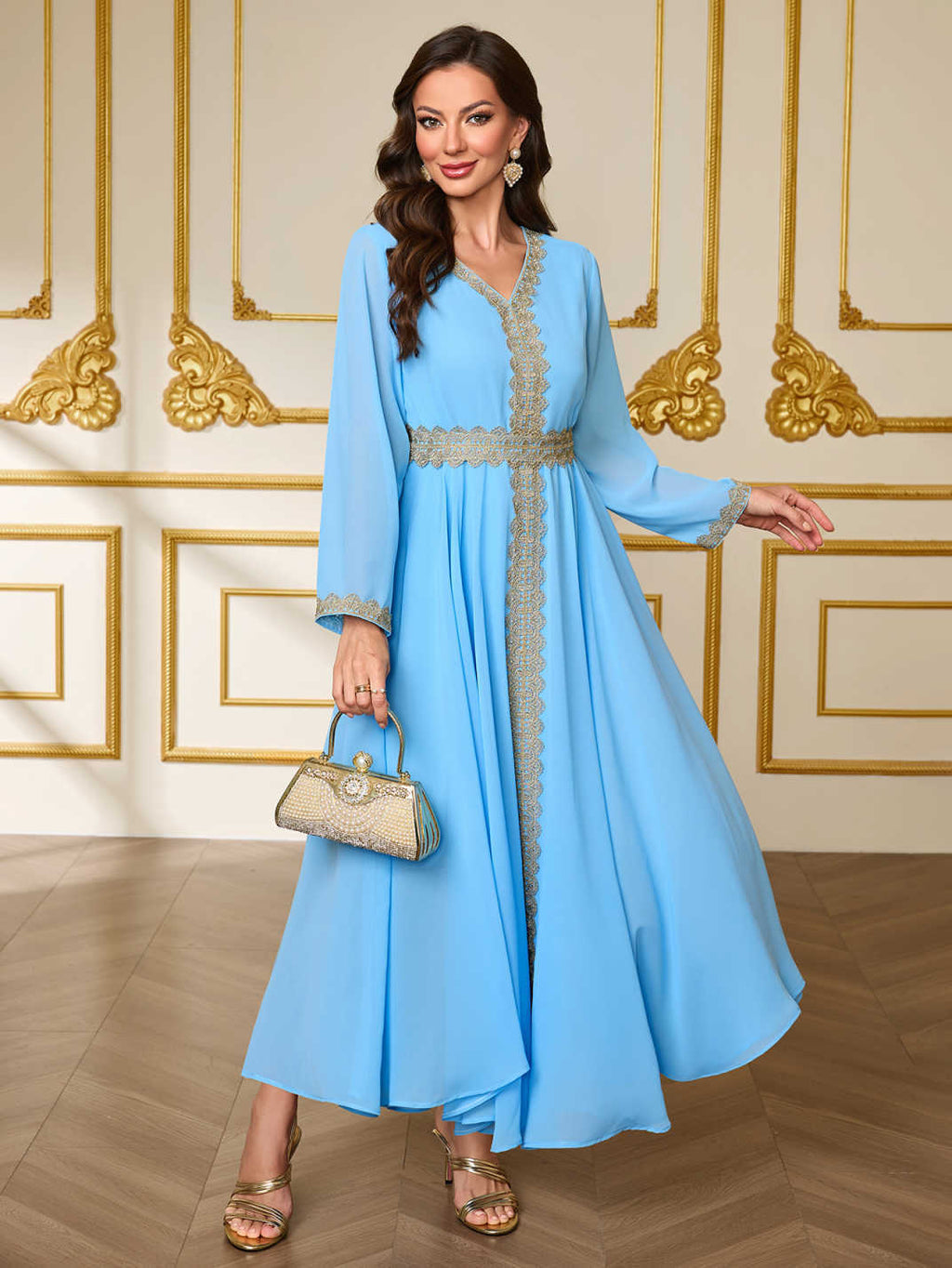 Lace Belted Chiffon Maxi Dress