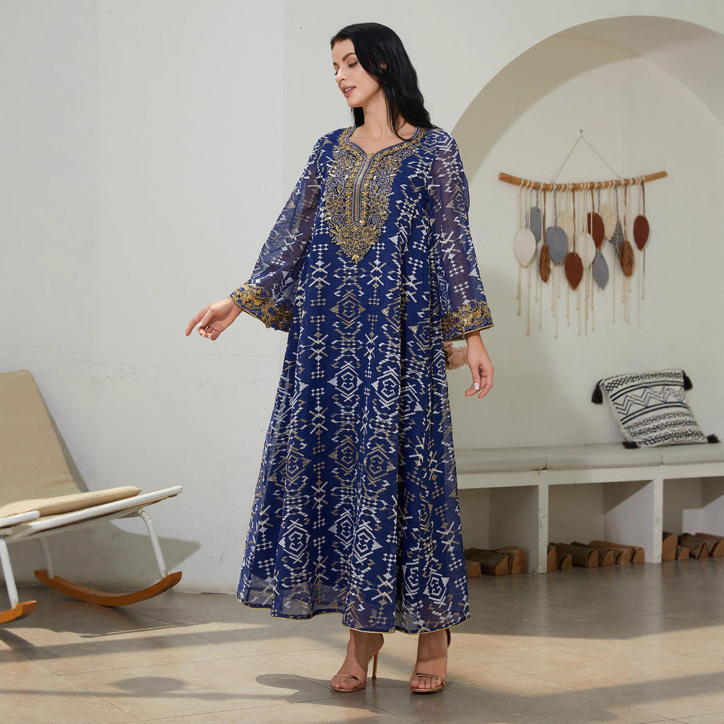 Blue V-Neck Long-Sleeve Maxi Dress