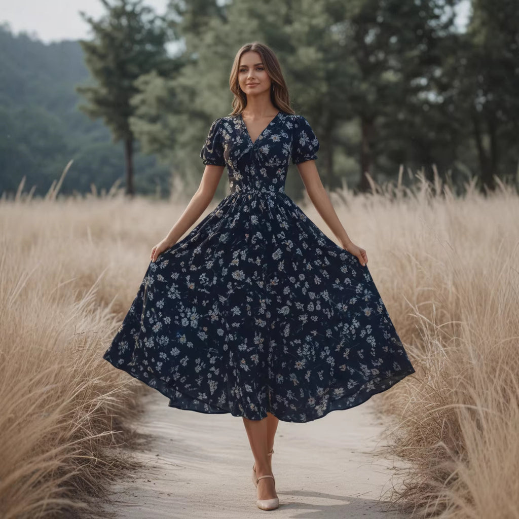 Floral V-Neck Loose Short-Sleeve Maxi Dress for Women