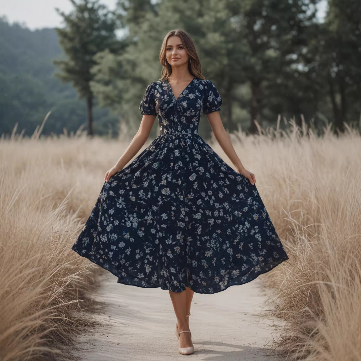 Floral V-Neck Loose Short-Sleeve Maxi Dress for Women
