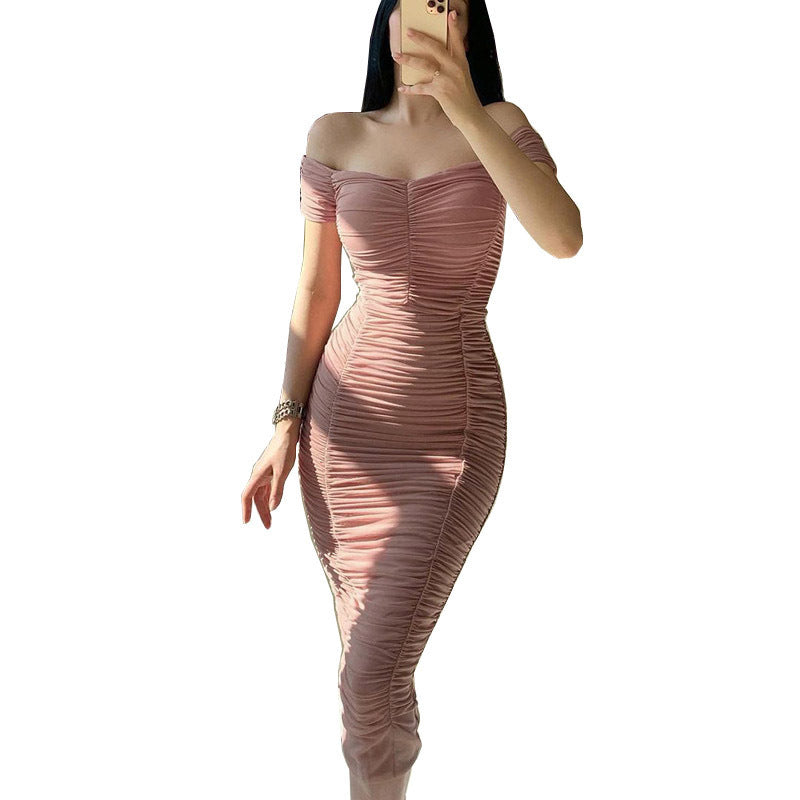 Off-Shoulder Pleated Maxi Dress for Women, One-Shoulder