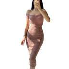 Off-Shoulder Pleated Maxi Dress for Women, One-Shoulder