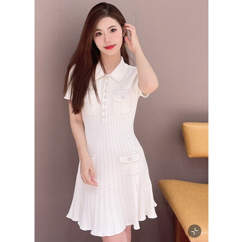 Knitted Diamond-Button Flip Collar Short Sleeve Dress for Women