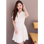 Knitted Diamond-Button Flip Collar Short Sleeve Dress for Women